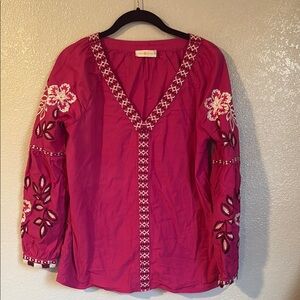 Tory Burch Theresa Hibiscus-Embroidered Cotton Tunic Bright Pink Size US 2 UK 6